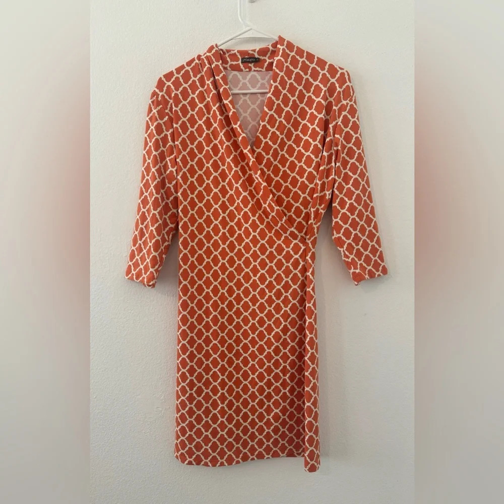 J. McLaughlin Dress Orange Faux Wrap Catalina Cloth Trellis Print Career Med
